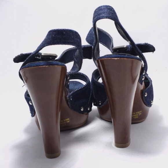 Qupid Women's Denim Heels Size 7.5 Silver Buckle Wood Heel - Picture 5 of 13